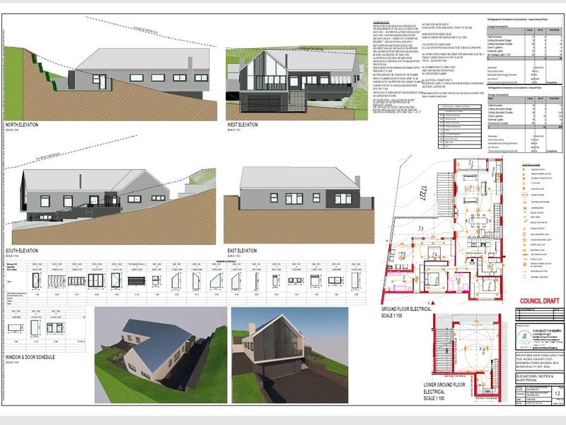 Architectural floor plan and elevation drawings for a proposed new dwelling, including electrical layouts and window and door schedules.