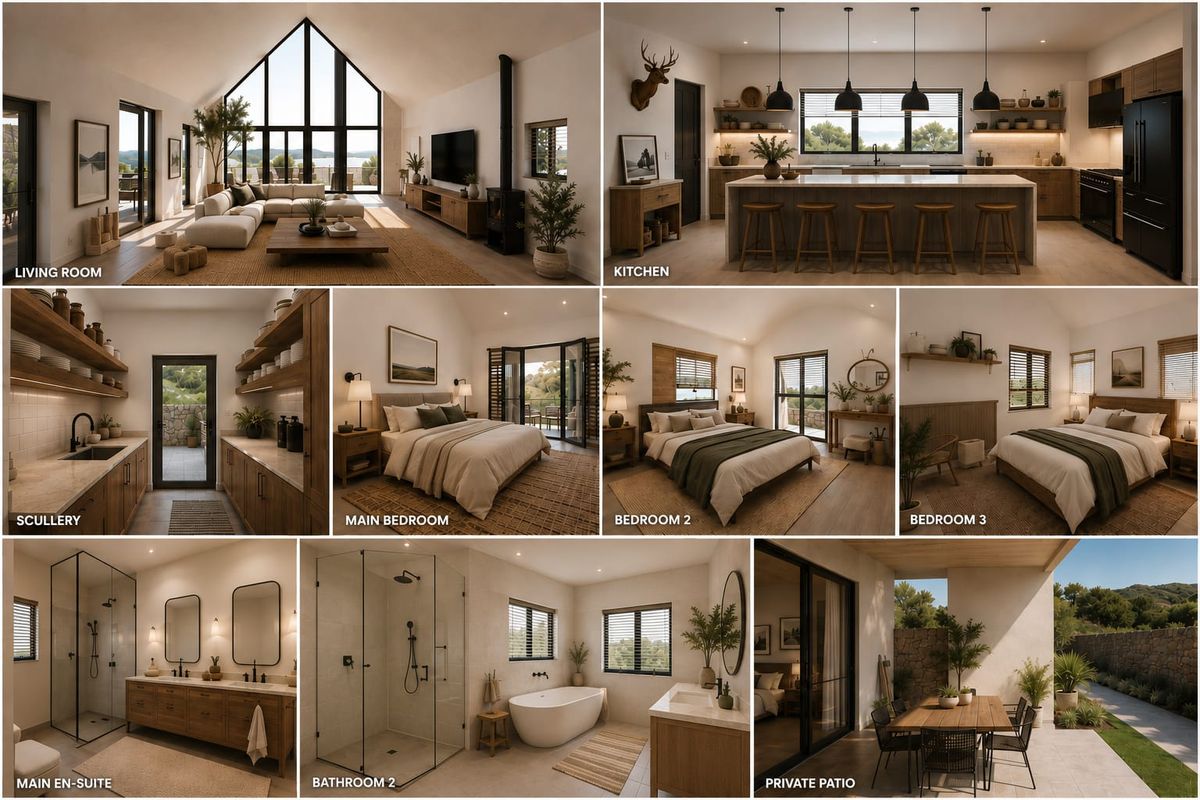 A composite image showcasing various interior and exterior spaces of a modern residential property, including living, kitchen, bedroom, bathroom, and patio areas.