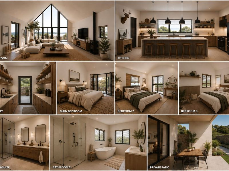 A composite image showcasing various interior and exterior spaces of a modern residential property, including living, kitchen, bedroom, bathroom, and patio areas.
