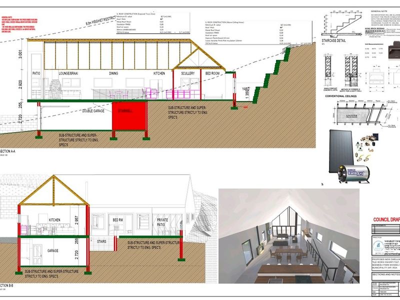 Architectural floor plan and section drawings for a proposed dwelling, including structural details and a 3D interior render.