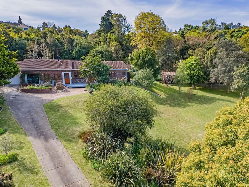 Aerial view of a brick-faced house featuring a spacious lawn, mature trees, and a long concrete driveway set within a lush, landscaped garden.