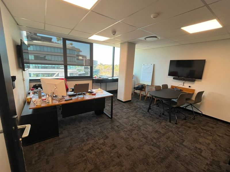 A professional office space featuring a suspended ceiling, recessed lighting, carpeted flooring, and large windows providing natural light and exterior views.