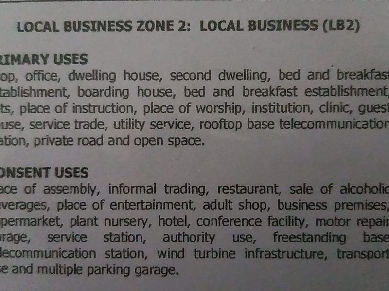 A document excerpt detailing the primary and consent uses for a property zoned as Local Business Zone 2.