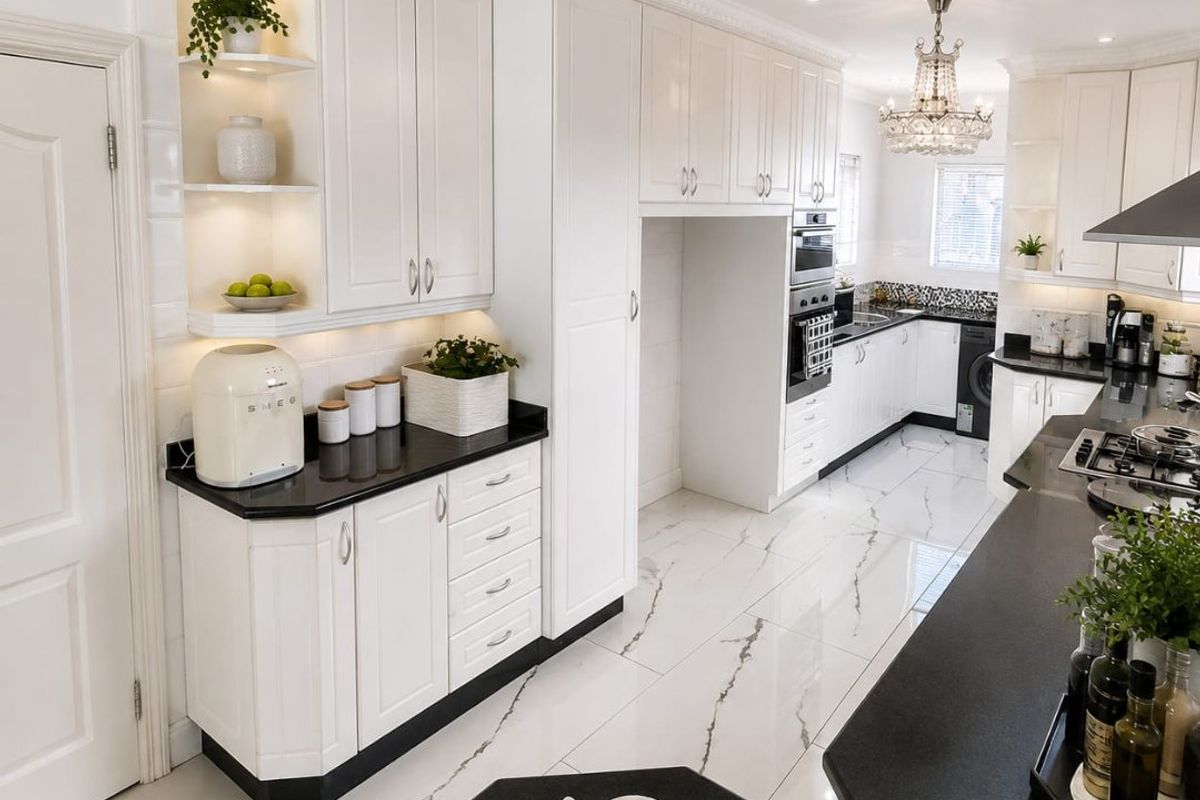 A modern, well-appointed kitchen featuring white cabinetry, contrasting black granite countertops, high-end built-in appliances, and elegant marble-look flooring with decorative crown molding.