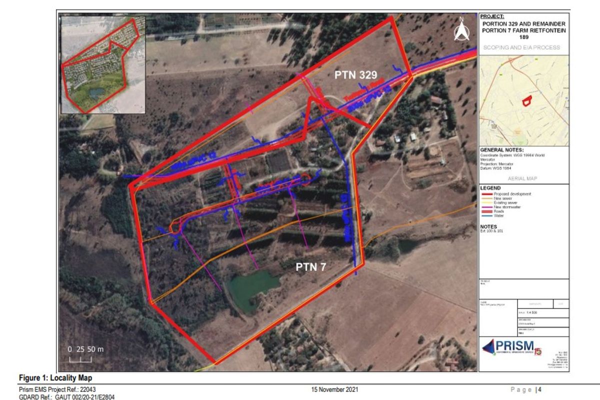 A locality map and site plan detailing the layout and infrastructure planning for Portion 329 and Portion 7 of Farm Rietfontein 189.