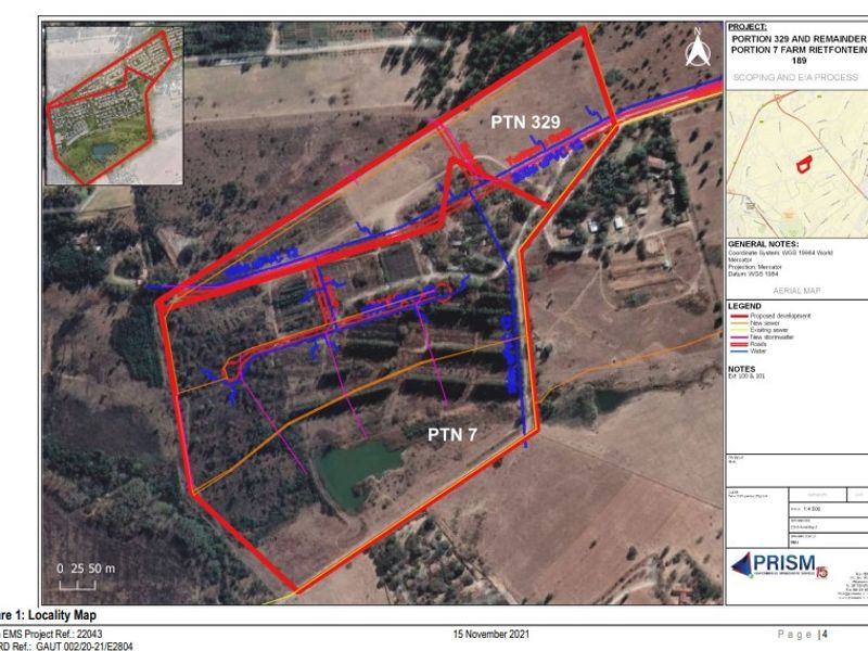A locality map and site plan detailing the layout and infrastructure planning for Portion 329 and Portion 7 of Farm Rietfontein 189.
