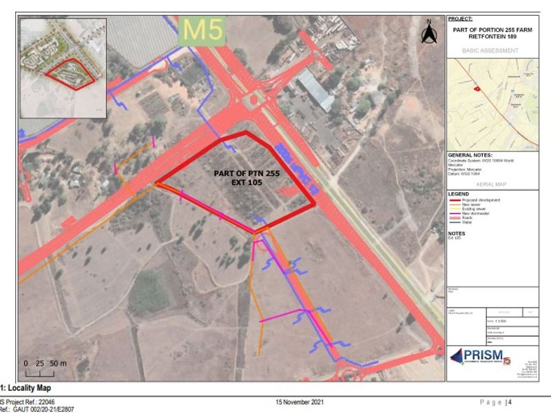 Locality map and aerial site plan showing the proposed development area for Portion 255 of Farm Rietfontein 189.