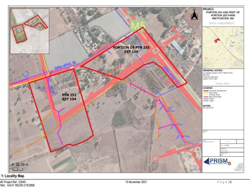 A locality map showing the proposed development layout for Portion 253 and Portion 255 of Farm Rietfontein 189.