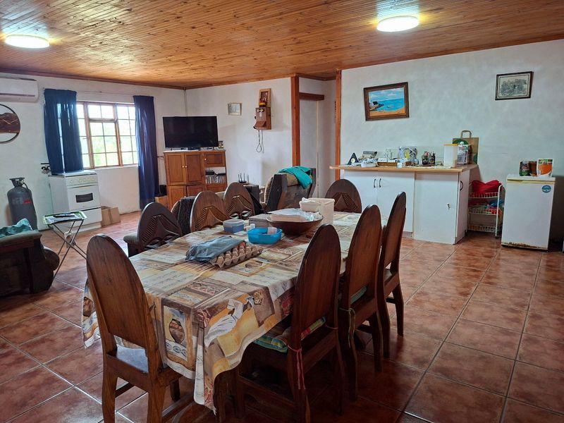 Open-plan living and dining area featuring timber ceilings, tiled flooring, and a functional kitchen corner with built-in cabinetry.