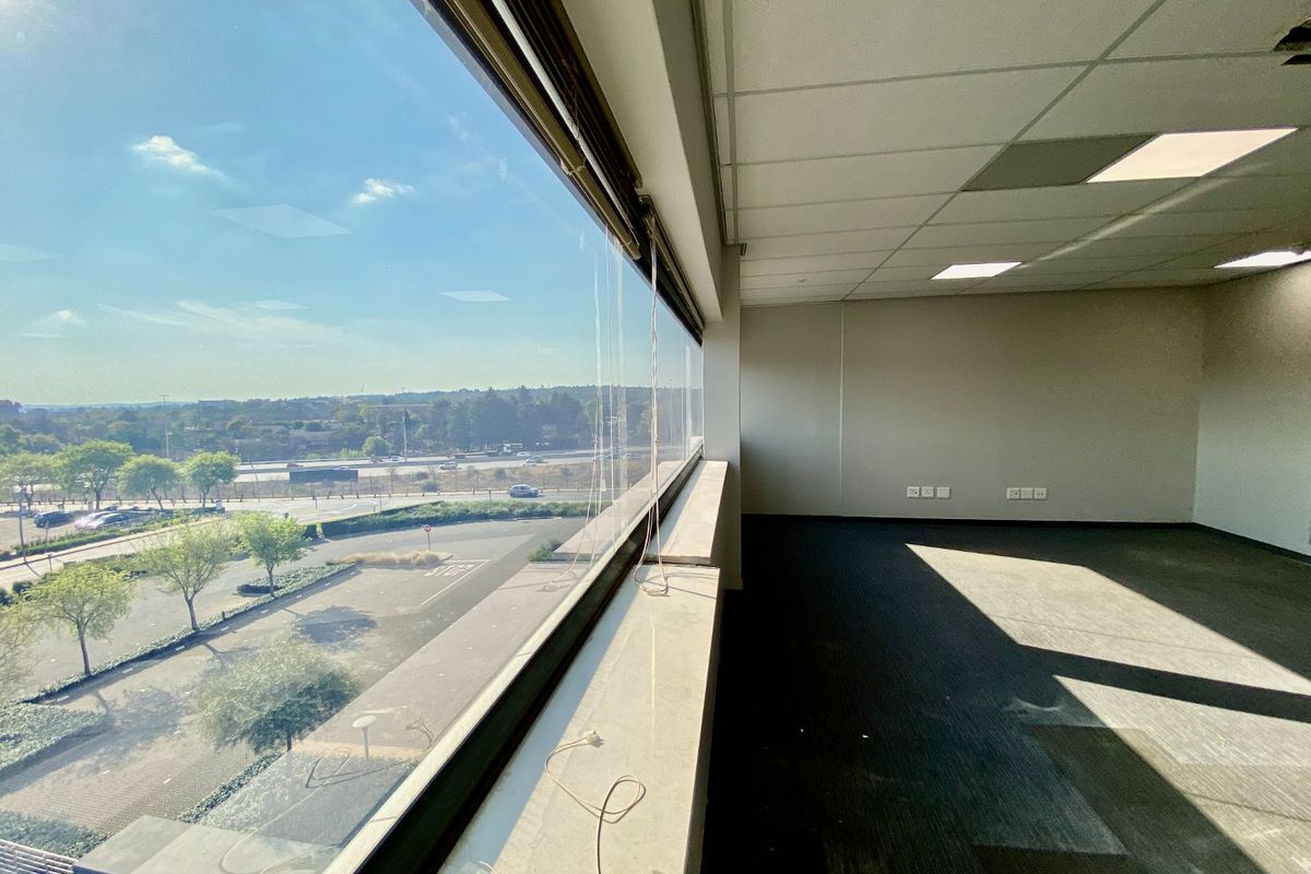 An empty, open-plan office space featuring large windows with expansive views, carpeted flooring, and a suspended ceiling with recessed lighting.