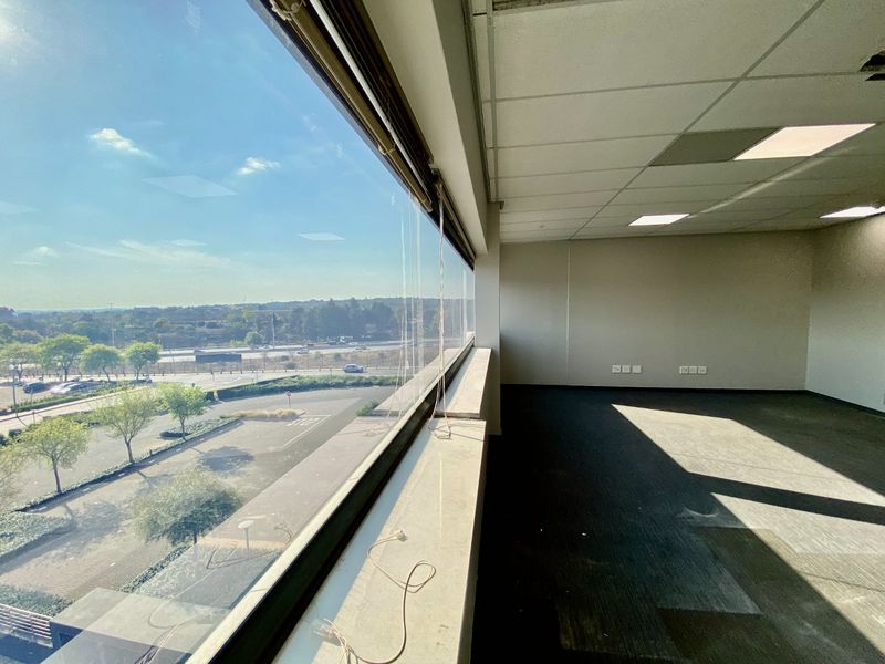 An empty, open-plan office space featuring large windows with expansive views, carpeted flooring, and a suspended ceiling with recessed lighting.