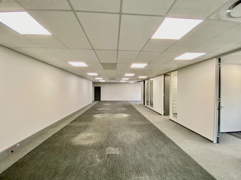 A spacious, empty commercial office area featuring a suspended ceiling with recessed lighting, glass partitions, and carpeted flooring.