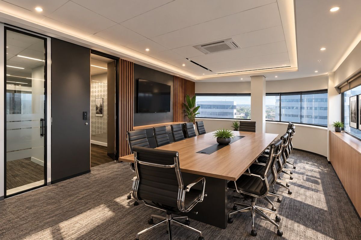 Modern professional boardroom featuring high-quality finishes, integrated ceiling lighting, timber wall accents, and expansive windows with city views.