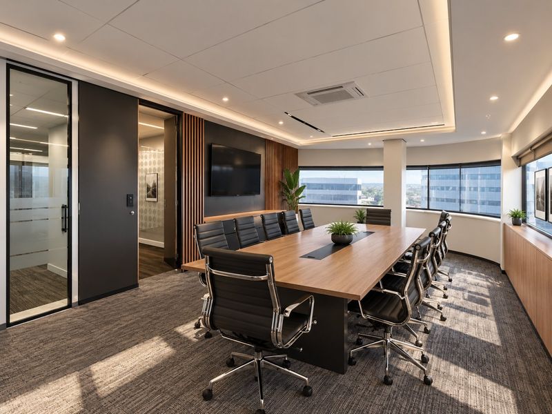 Modern professional boardroom featuring high-quality finishes, integrated ceiling lighting, timber wall accents, and expansive windows with city views.