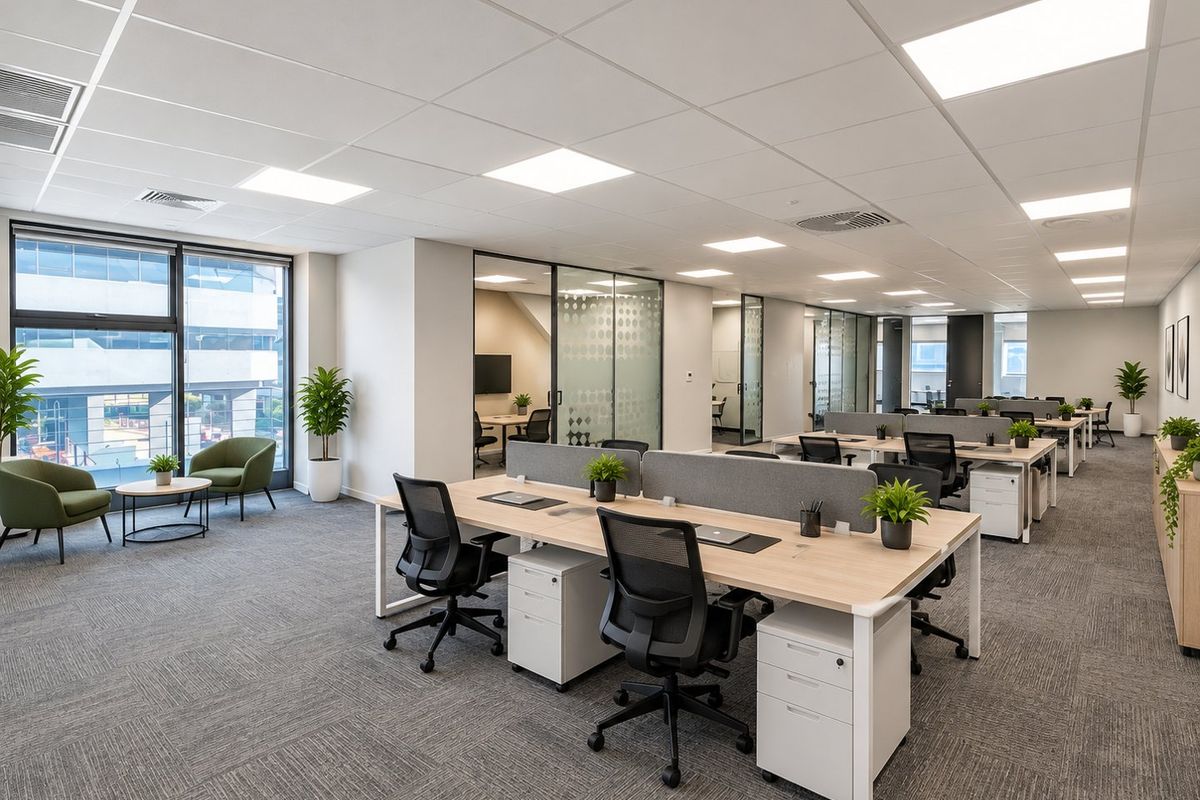 Modern open-plan office space featuring suspended ceilings, recessed LED lighting, carpeted flooring, and glass-partitioned meeting rooms with ample natural light.