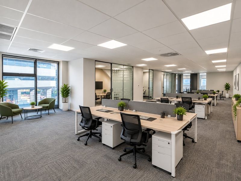 Modern open-plan office space featuring suspended ceilings, recessed LED lighting, carpeted flooring, and glass-partitioned meeting rooms with ample natural light.