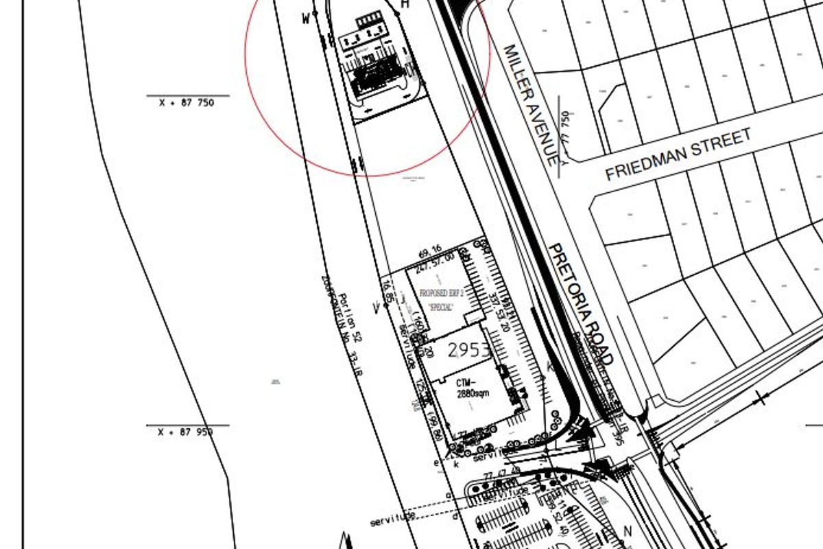 A detailed site development plan showing proposed erf layouts, street access, and existing infrastructure for the residential land development.