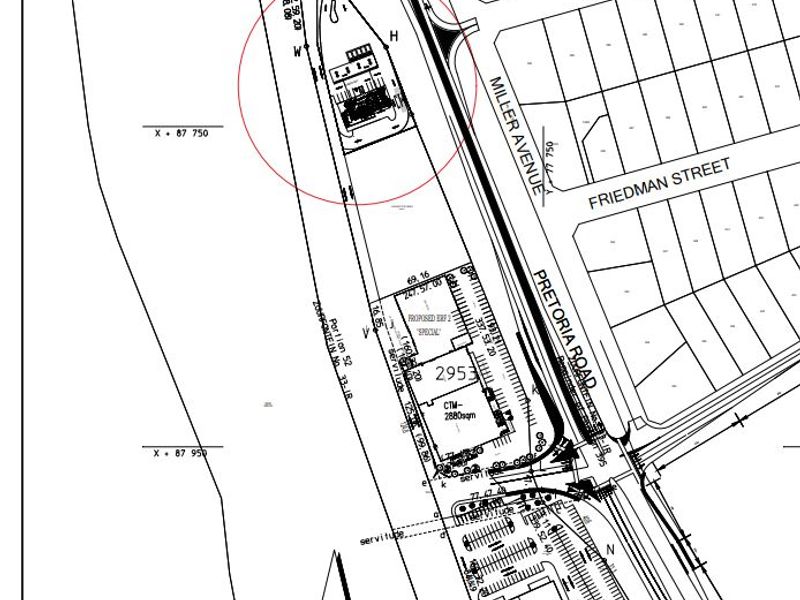 A detailed site development plan showing proposed erf layouts, street access, and existing infrastructure for the residential land development.