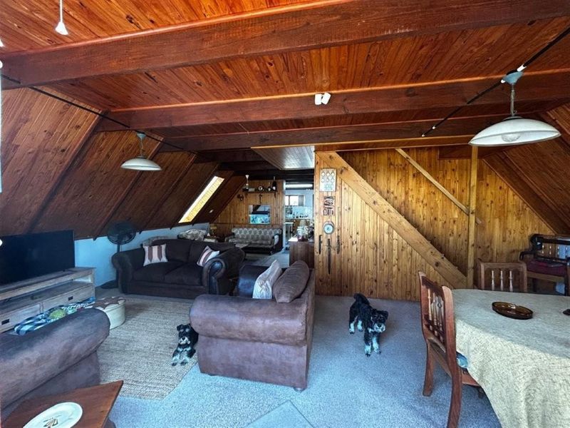 Open plan living and dining area featuring extensive timber wall and ceiling paneling with exposed beams and a skylight.