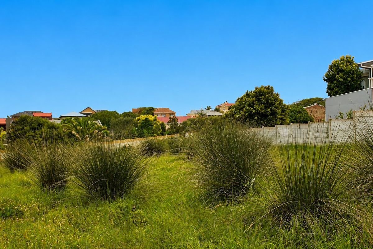 A view of a vacant residential plot featuring natural grass cover and a boundary wall, situated in a developed neighborhood.