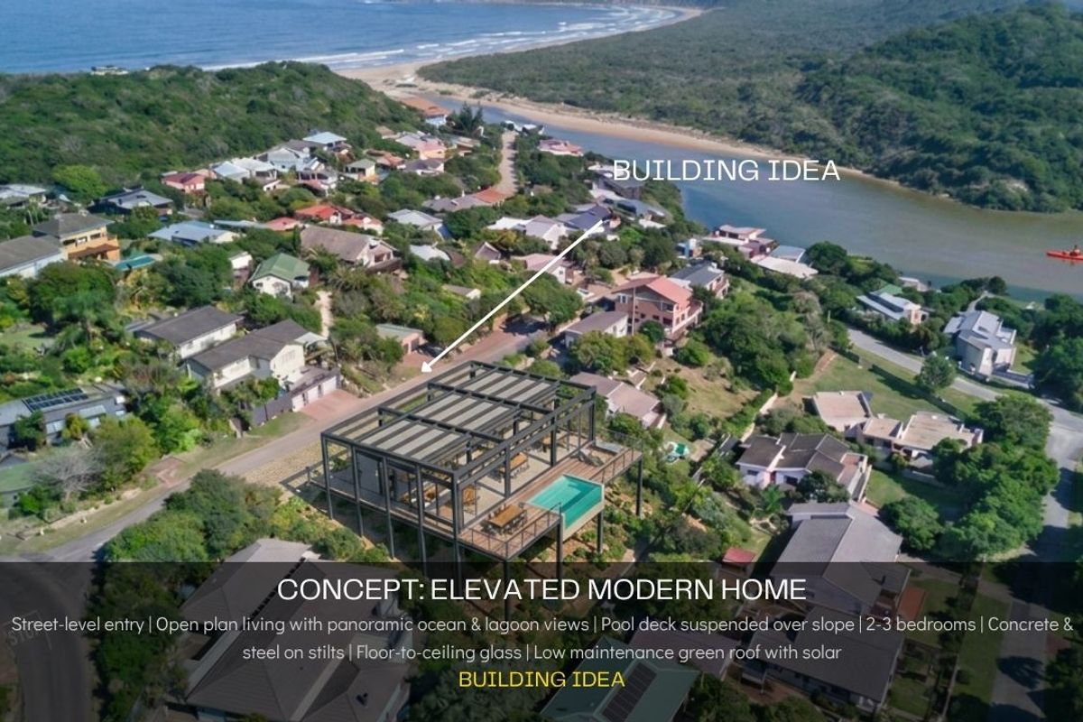 Aerial view of a residential plot featuring a conceptual design for an elevated modern home with a pool deck and panoramic coastal views.