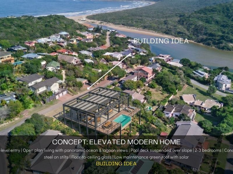 Aerial view of a residential plot featuring a conceptual design for an elevated modern home with a pool deck and panoramic coastal views.