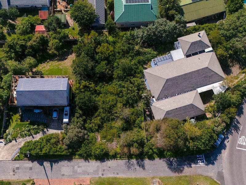 An aerial view of a vacant residential plot densely covered with mature trees and vegetation, situated between existing residential properties.