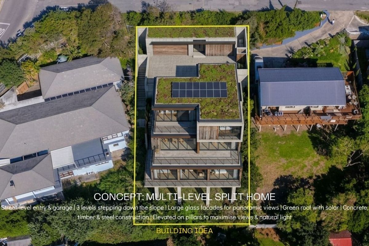 Aerial view of a modern multi-level residential property featuring a green roof, solar panels, and a tiered design stepping down the slope.