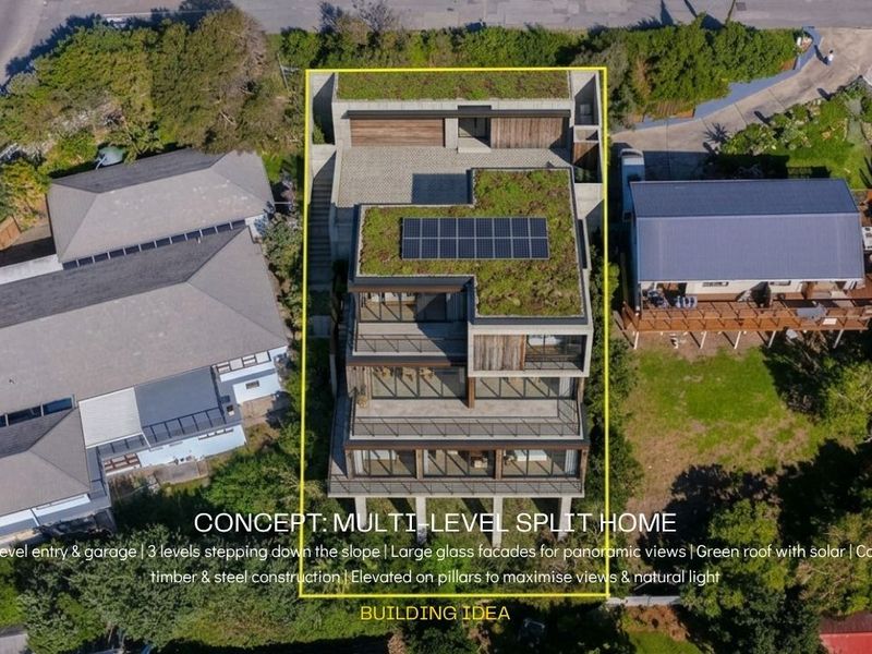Aerial view of a modern multi-level residential property featuring a green roof, solar panels, and a tiered design stepping down the slope.