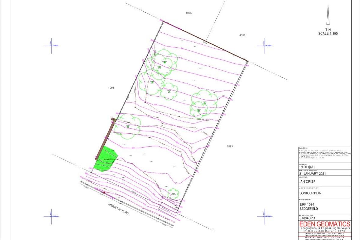 A detailed topographical contour plan for Erf 1094 in Sedgefield, showing property boundaries, site elevation lines, and existing vegetation.