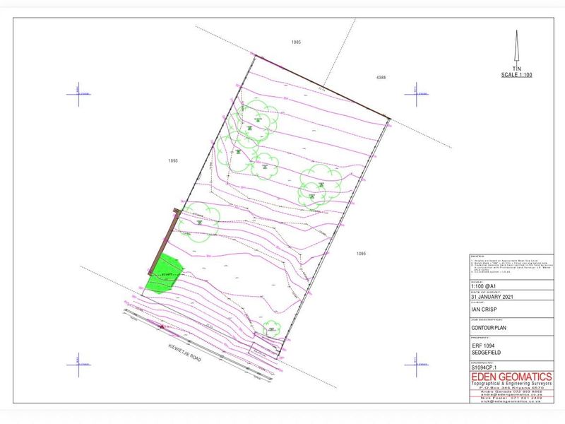 A detailed topographical contour plan for Erf 1094 in Sedgefield, showing property boundaries, site elevation lines, and existing vegetation.