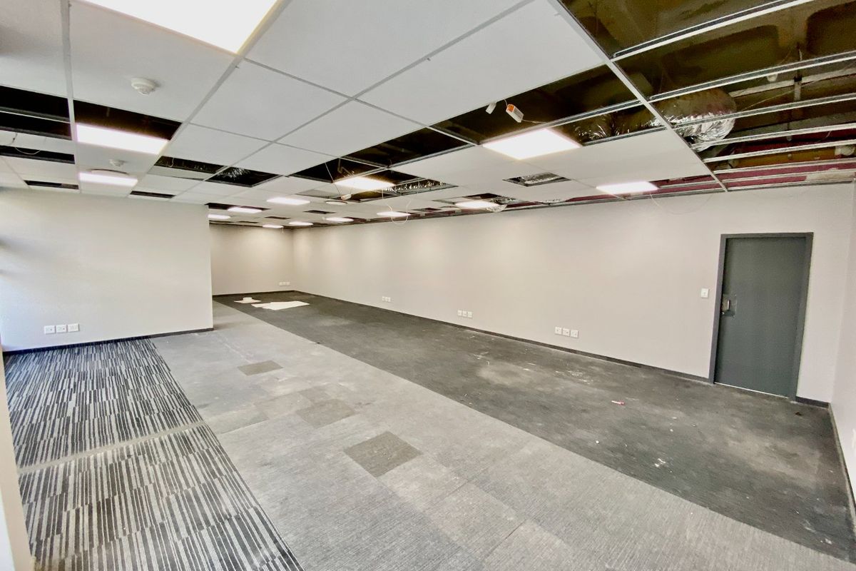 An empty commercial office space featuring a suspended ceiling with missing panels, recessed lighting, and carpeted flooring, ready for renovation or fit-out.