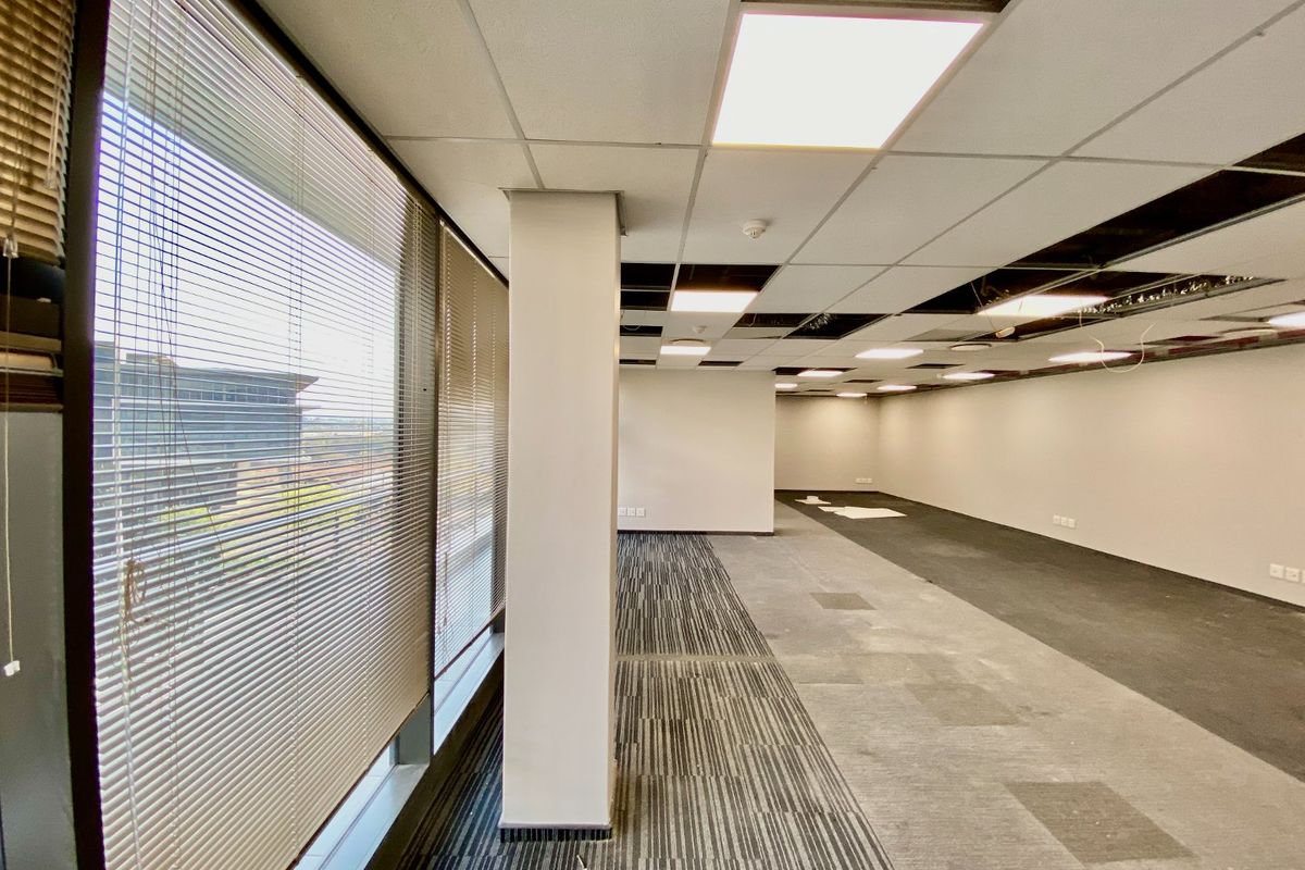 Open-plan commercial office space featuring large windows with blinds, carpeted flooring, and a suspended ceiling grid requiring maintenance.