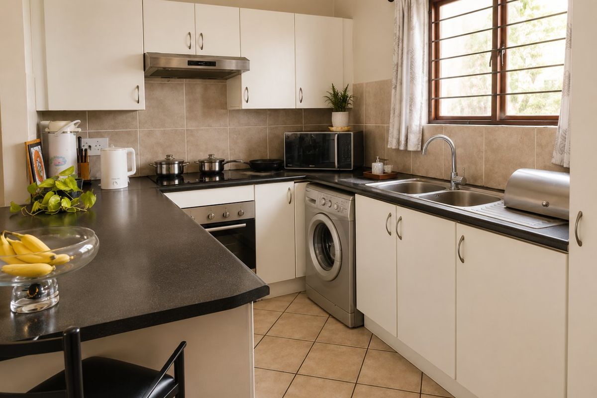 A functional kitchen featuring white cabinetry, dark countertops, integrated oven and hob, stainless steel sink, and tiled flooring with natural light from the window.