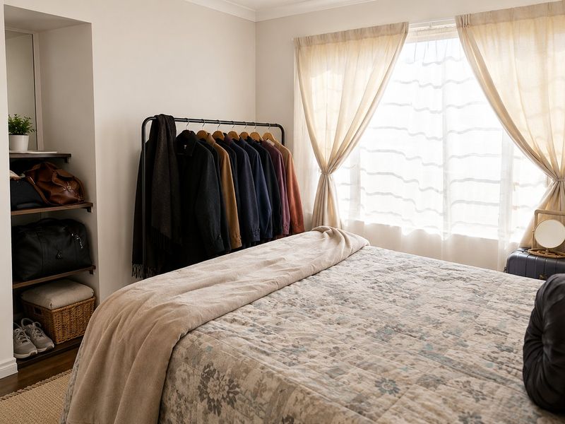 A well-lit bedroom featuring built-in shelving units and classic cove cornice detailing, providing a functional and comfortable living space.