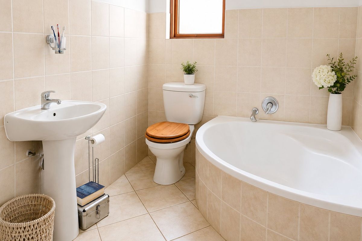 A clean, functional bathroom featuring a pedestal basin, a curved bathtub, and neutral ceramic tiling throughout.