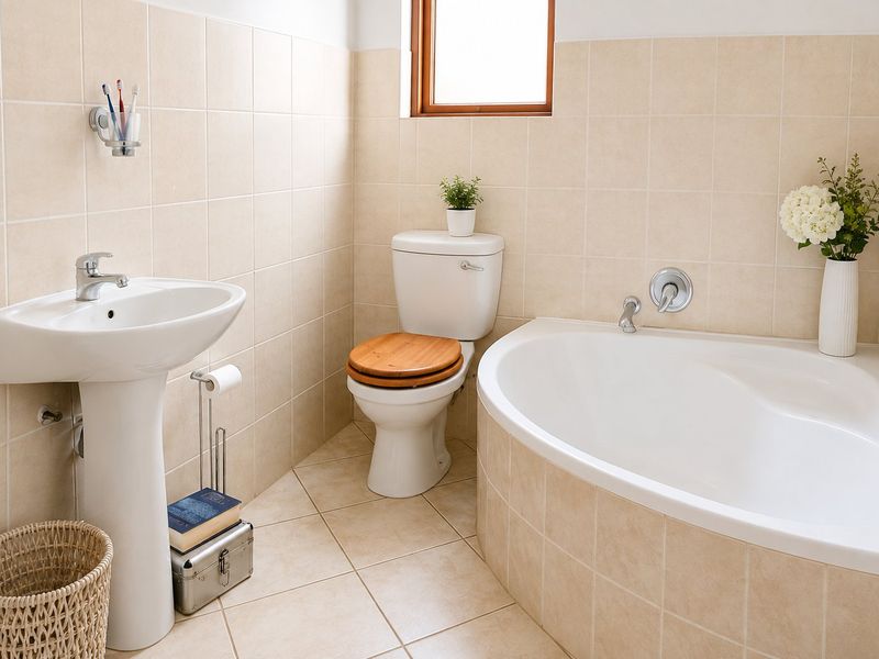 A clean, functional bathroom featuring a pedestal basin, a curved bathtub, and neutral ceramic tiling throughout.