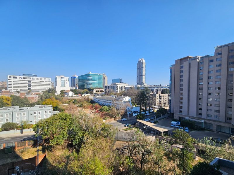 Elevated urban view overlooking the surrounding cityscape, neighborhood infrastructure, and mature trees.
