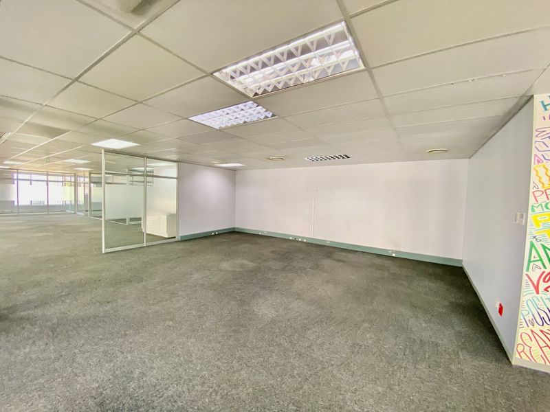 An empty commercial office space featuring a suspended ceiling with recessed lighting, glass partitioning, and carpeted flooring.