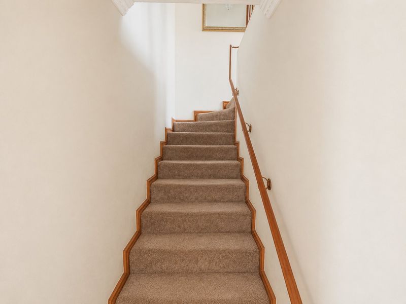 A carpeted staircase featuring a wooden handrail and crown molding, providing access between levels in this townhouse.