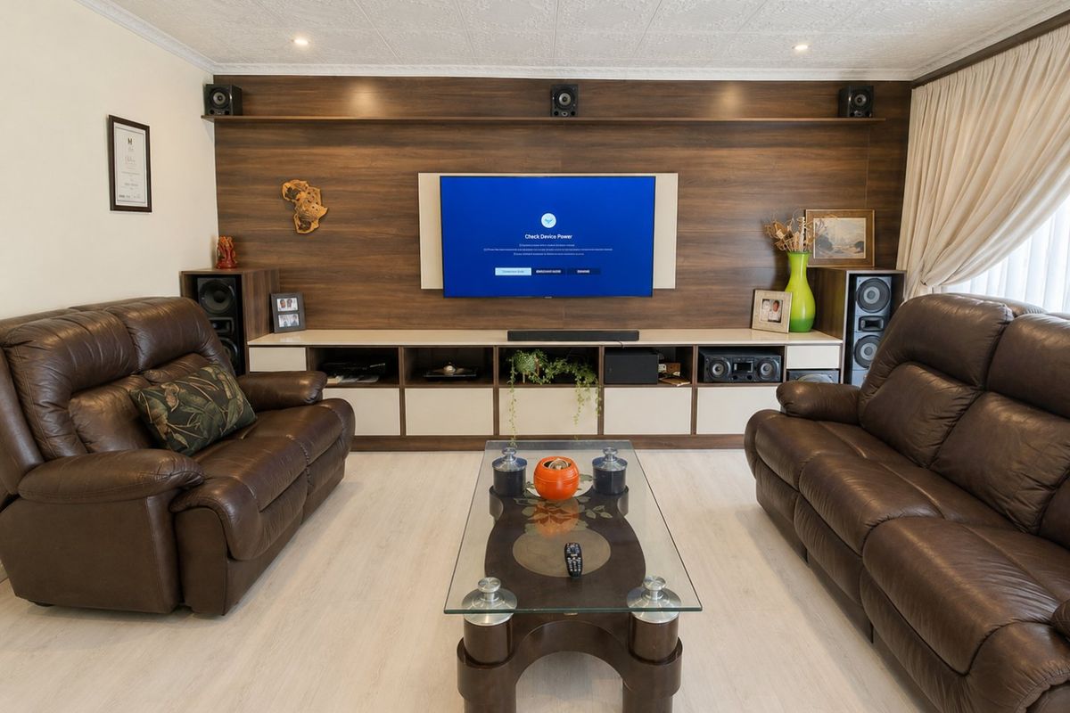 A well-maintained living room featuring a custom built-in media wall unit with integrated shelving and modern laminate flooring.