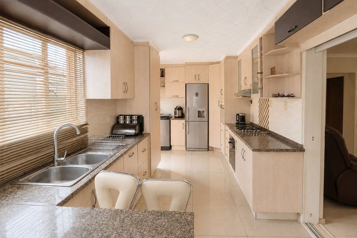 A well-maintained kitchen featuring light wood cabinetry, granite countertops, built-in appliances, and tiled flooring, offering a functional and clean workspace.