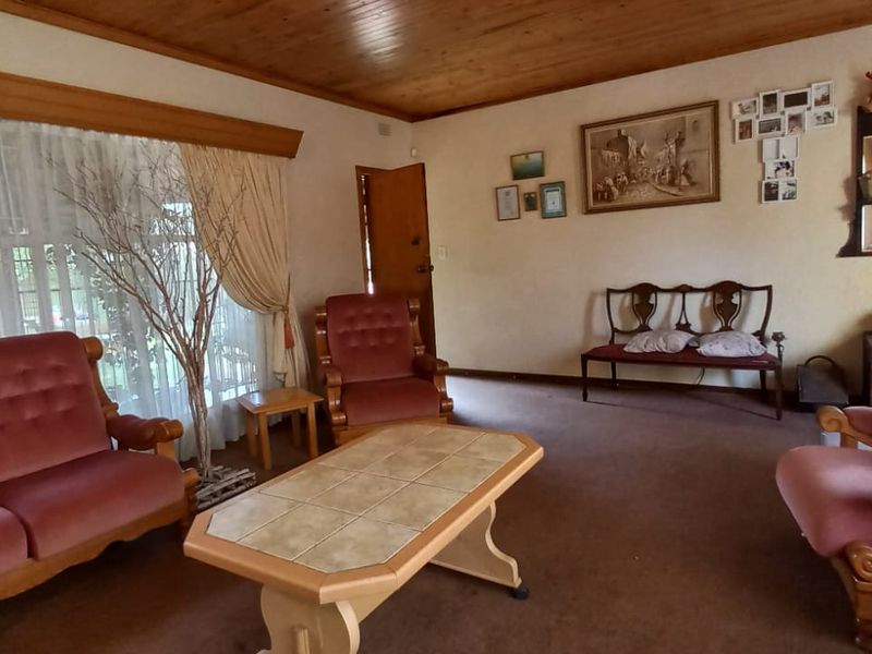 A spacious living room featuring a warm timber ceiling, carpeted flooring, and large windows that provide ample natural light.