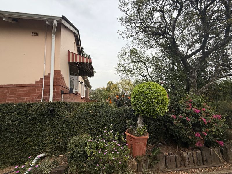 A view of the rear exterior of the house featuring a brick and plastered facade with a striped window awning and established garden.