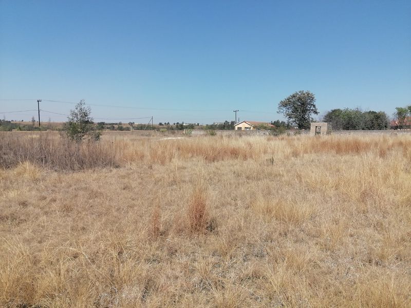 A view of a vacant residential plot featuring dry grass, a boundary wall, and a small utility structure in the distance.