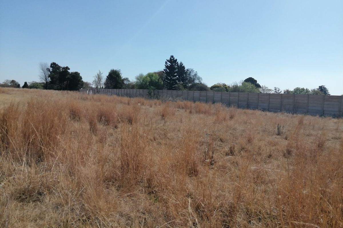 A vacant residential plot featuring dry grass and a precast concrete boundary wall along the perimeter.