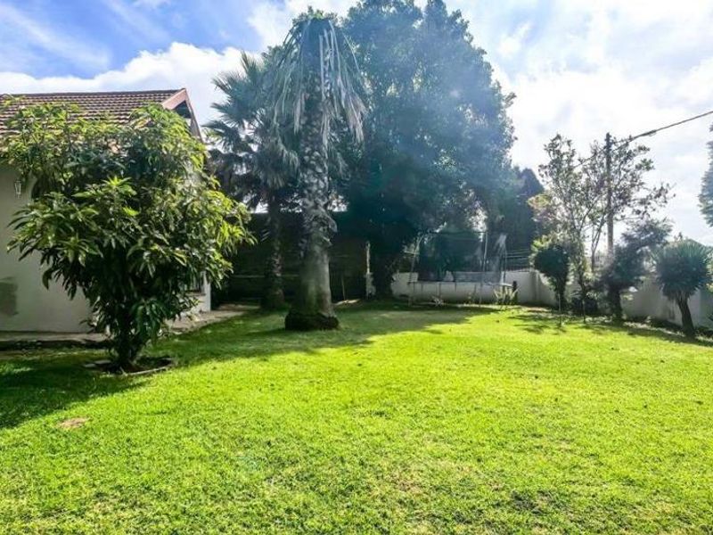 A spacious rear garden featuring a well-maintained lawn, perimeter wall, and access to the main house via a security gate.