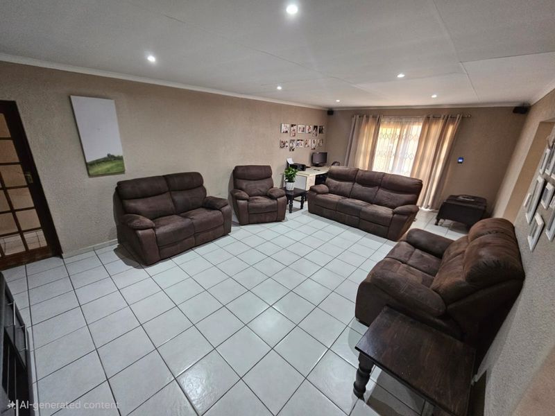 Spacious living room featuring neutral wall tones, ceramic tiled flooring, and recessed downlighting, providing a comfortable and functional family area.
