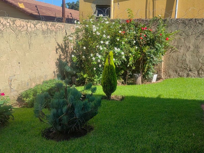 A private rear garden featuring a well-maintained lawn, established shrubs, and a secure boundary wall topped with razor wire.