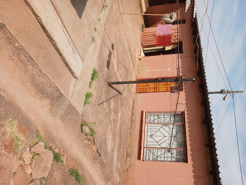 Rear exterior view of the house featuring concrete paving, security bars on windows, and a tiled roof structure.